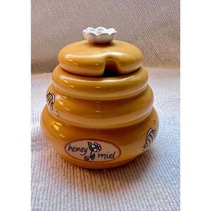 Vintage Honey Miel Beehive Jar Ceramic 3.5" Honey Pot Container w/ Lid